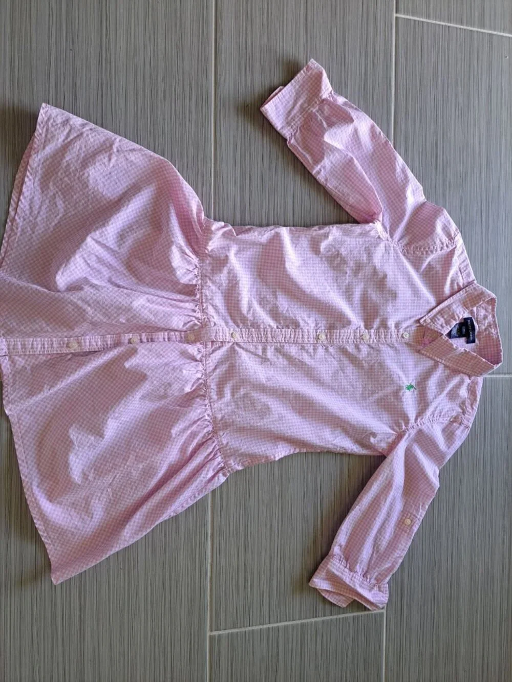 Ralph Lauren Girls Pink Gingham Button Dress 14 Cotton 3/4 Sleeves Green Logo